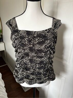 🌷Y2K Ruched Floral Tank Top Black Cream Stretch Boho Fairy Grunge 3/$30